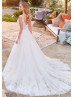 V Neck Beaded White Lace Tulle V Back Wedding Dress